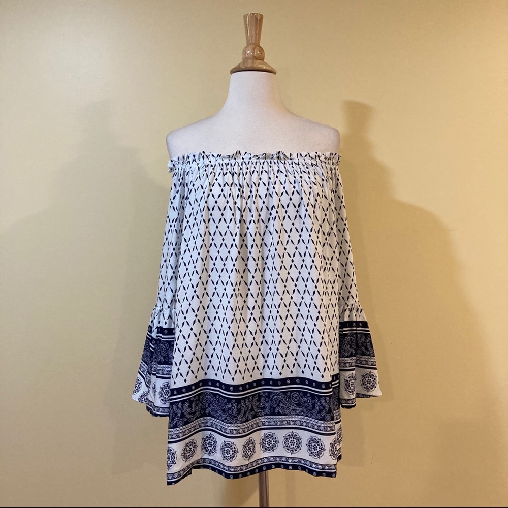 💥 CLEARANCE Bell Sleeve Off Shoulder Modern Floral Tunic Dress - Picture 5 of 8